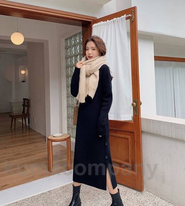 ニット ワンピース ロング 長袖 ハイネック 冬 秋 黒 体型カバー ゆったり リブニットワンピース 大きいサイズ 3L 4L 秋冬 Iラインワンピース スリット シンプル カジュアル おしゃれ 20