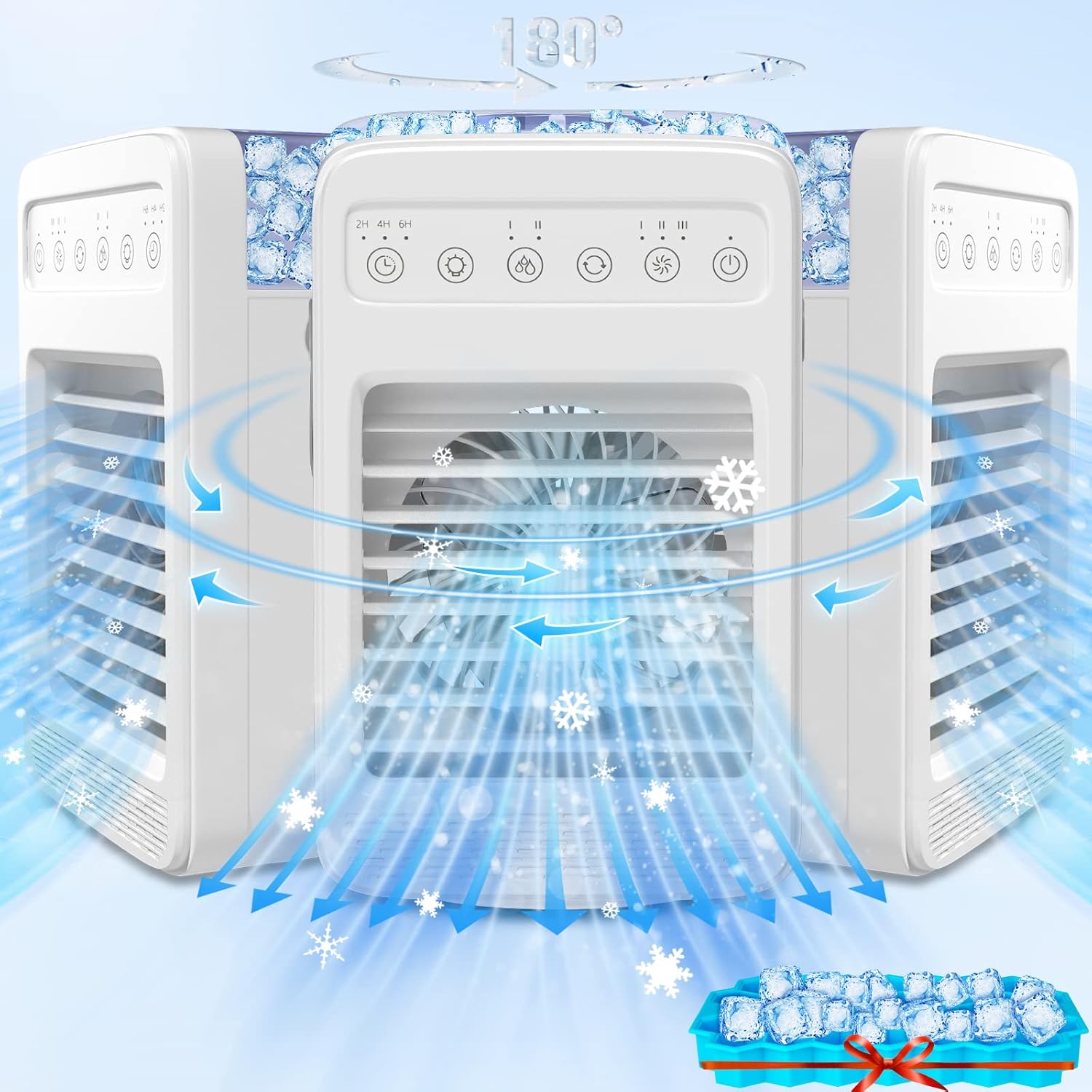 [2023年アップグレードデザイン] ミニエアコン 首振りポータブルエアコンファン アイストレイ付き 蒸発式ミニエアクーラー パーソナル小型AC 600mlウォータータンク 自宅/部屋/オフィス/車/