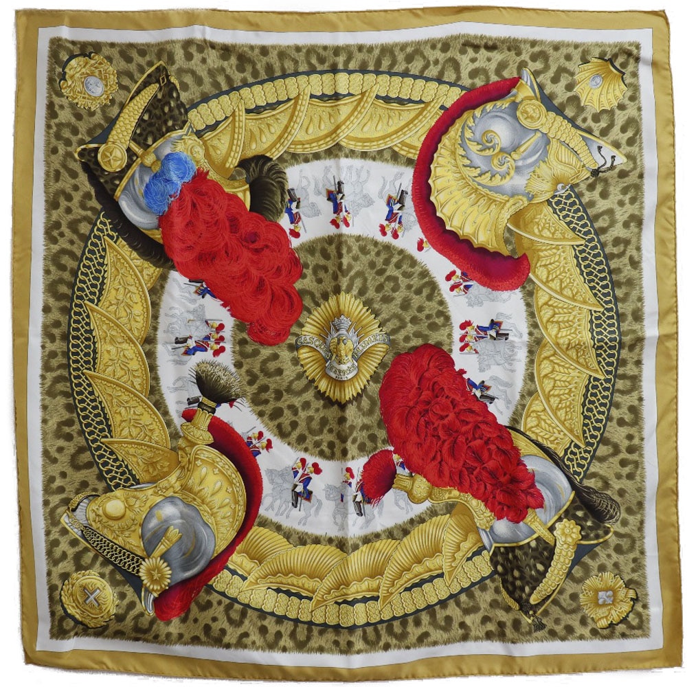 カレ90 CASQUES et PLUMETS 兜と羽根飾り スカーフ シルク 黄 レディース 中古品