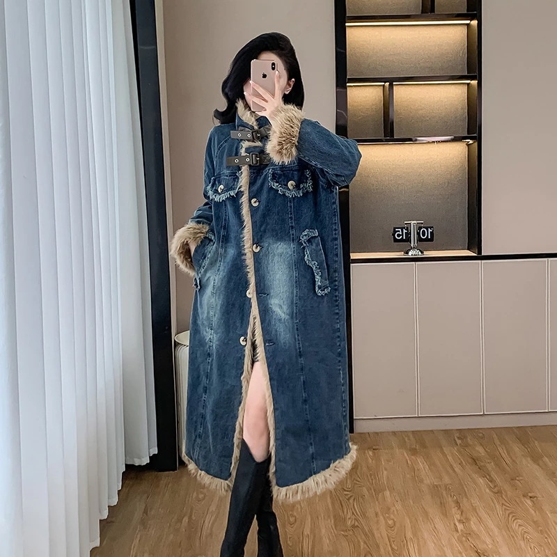 2024冬新品 デニムジャケット ロング丈 ファー ドッキング 人工フリース ステッチ ボア 華やか暖かい 保温 レディース ロングコート アウター ジャケット メガ割30%までに制限