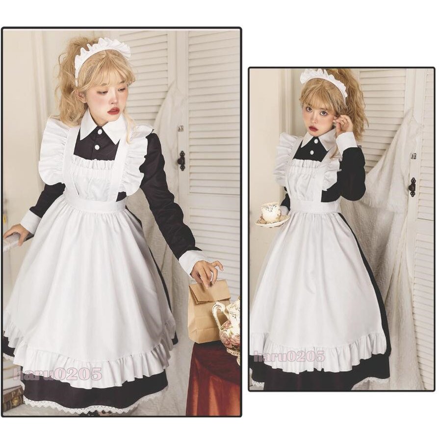 37メイド服 黒白 半袖 長袖 レディース コスプレ ワンピース 膝丈 エプロン クラシカル ロイヤルメイド ロリータ フリル クラシカル 制服 喫茶店変装 ハロウィンその他