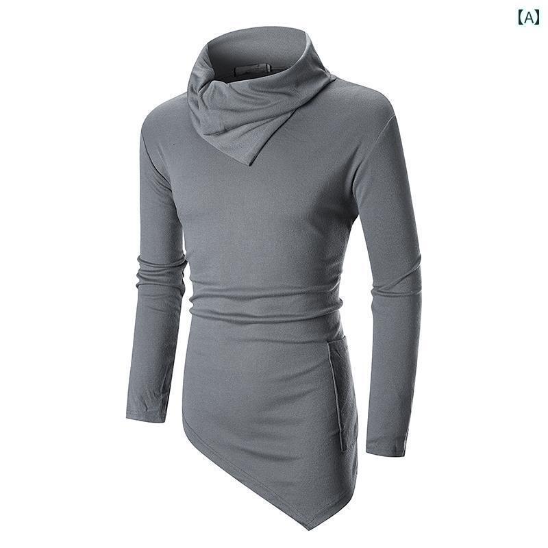 メンズ 秋 セーター パイル カラー シャツ 黒 ハーフ タートルネックセーター 不規則 セーター