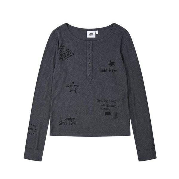 JR2TSF022 ダークグレー 女性用リネンレタリングヘンリーネックTシャツ_SC