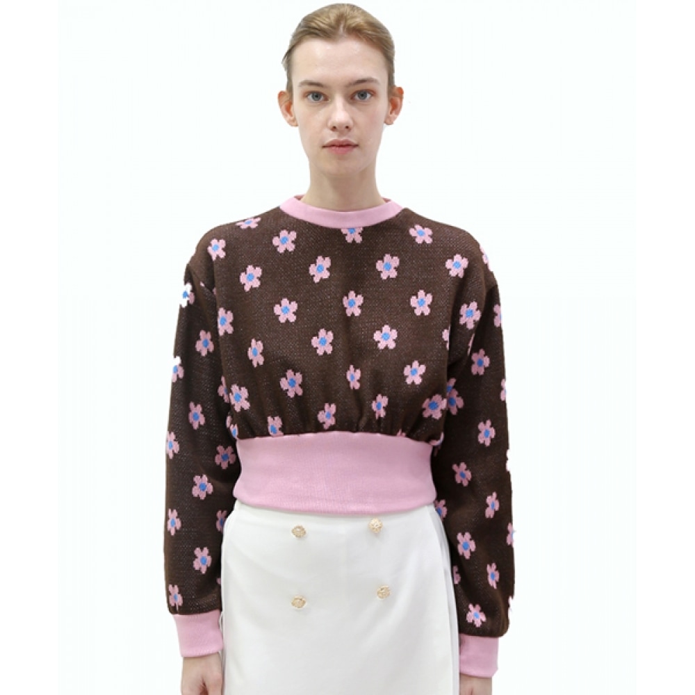 DAMAGE MNEMONICフラワーブラウンクロップマンツーマン_ Flower Brown Crop MTM