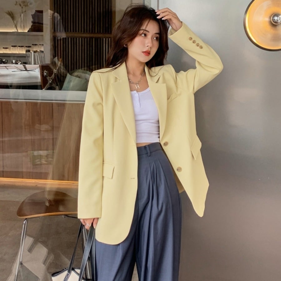 アウター 上着 ジャケット ブレザー ブレザージャケット テーラードジャケット Vネック 襟付き ノッチラペル 長袖 ビッグシルエット オーバーサイズ ボタン 前開き シングルブレスト キュート