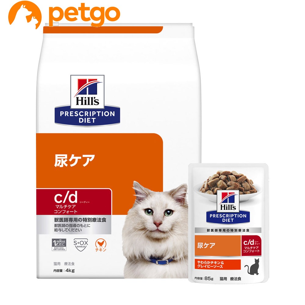 【PACK】ヒルズ 食事療法食 猫用 c/d マルチケア 尿ケア コンフォート ドライ 4kg＋やわらかチキン＆グレイビーソース パウチ 85g×12