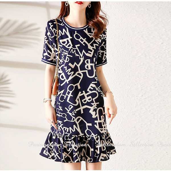 人気 プリント柄ワンピース　ネイビー系プリント　ローウエスト　マーメイドライン　ひざ下丈　半袖　ほっそり効果大通勤通学女子会20代30代40代50代60代op-2409-14