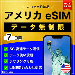 【データ無制限】 アメリカ ハワイ eSIM 7日間／データ使い放題／5G・4G高速データ通信／テザリング可能／当日納品／パスポート登録不要