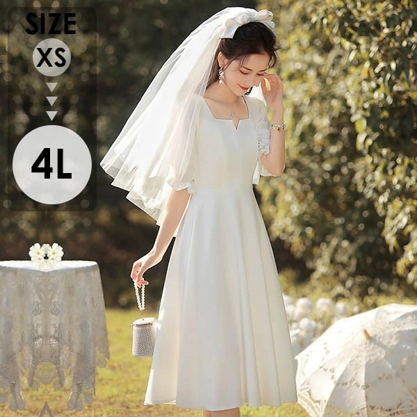 結婚式 ウェディングドレス ミモレ丈 袖付き 二次会 2次会 ウエディング 花嫁 二次会 ドレス 小さいサイズ 大きいサイズ コンサート 演奏会 ミモレドレス Aライン ワンピース パーティードレス