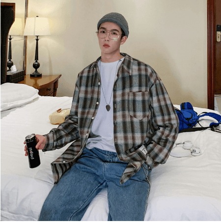 送料無料春の新チェック柄シャツ男性ファッションレトロカジュアルシャツマンストリートルース長袖シャツトレンド野生男性服 m-2XL