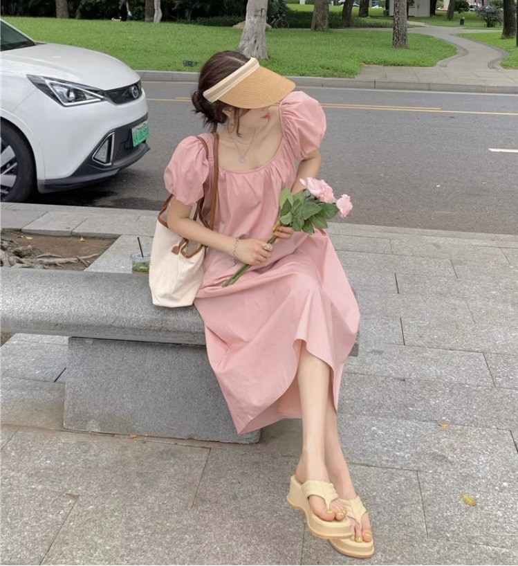 パフスリーブワンピース 大きめラウンドネック マタニティドレス レディース スカート ワンピース オールインワン フレア ドレス フレアスカート ロングスカート ロング 7分丈 半袖 パフスリーブ