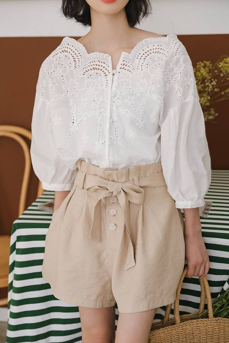 ブラウス レディース 7分袖 長袖 パフスリーブ レース 前開き 透け感 薄手 フラワー ドロップショルダー かわいい きれいめ 上品 おしゃれ ガーリー カジュアル お出かけ デート 白 S M L