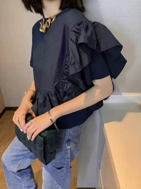 レディース トップス ブラウス プルオーバー Tシャツ 半袖 ラウンドネック ストレート ドッキング 伸縮性 切り替えデザイン 綿 かわいい 大人可愛い シンプル カジュアル おしゃれ こなれ感