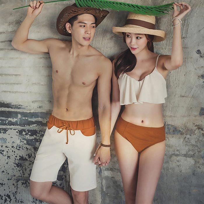 【急速出荷!】即完売！ペア水着 水着 ペアルック お揃い カップル 水着 夏 旅行 レディース フリル バンドゥ 体形カバー セット メンズ 水着 サーフパンツ ベージュ