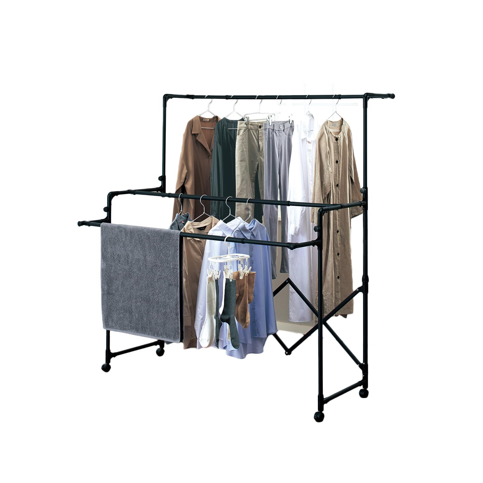 天馬(Tenma) どんなインテリアにもなじみやすいシックなデザインの物干し 洗濯 室内 部屋干し ブラック物干し 折りたたみ多機能物干し 幅101~157×奥行74~100×高さ123~161cm