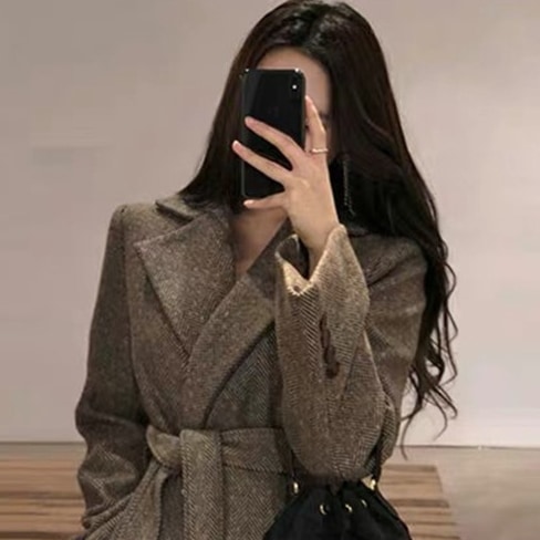 ウールコート アウター ミドル丈 袖あり 長袖 襟付き Aライン ベルト ハイウエスト 前開き