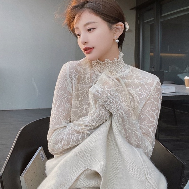 トップス ブラウス カットソー 長袖 ハイネック レース 刺繍 シフォン 透け感 シースルー 薄手