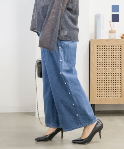 大きいサイズ レディース LL 3L 4L XL XXL XXXL サイドパールデニムワイドパンツ