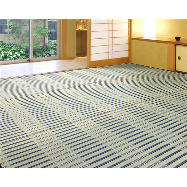 い草 柄上敷き/ラグマット 江戸間 3帖 ブルー 縁：綿100％ 高耐久性 掛川織 津弥 つや リビング ダイニング