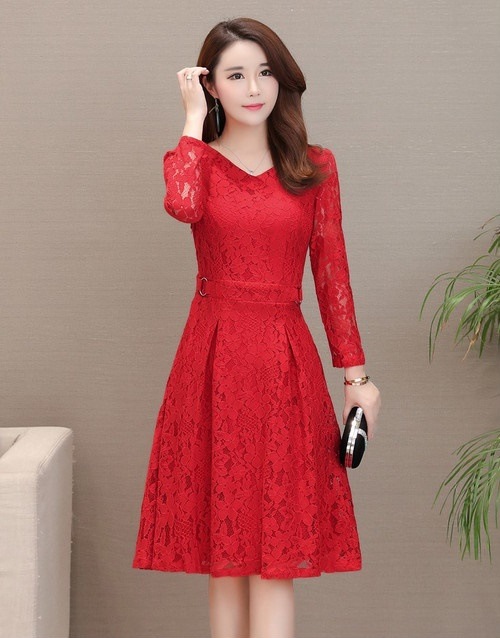 A1098.Vネック刺繍シースルーフレアワンピース（レッド）2019 春夏 sale ドレス エレガント お呼ばれ 結婚式 披露宴 パーティー 女子会 レストラン デート