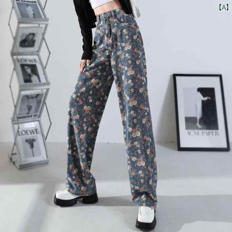デニムパンツ レディース ボトムス ジーンズ プリント 花柄 ストレート ハイウエスト ワイド 秋冬 ブルー