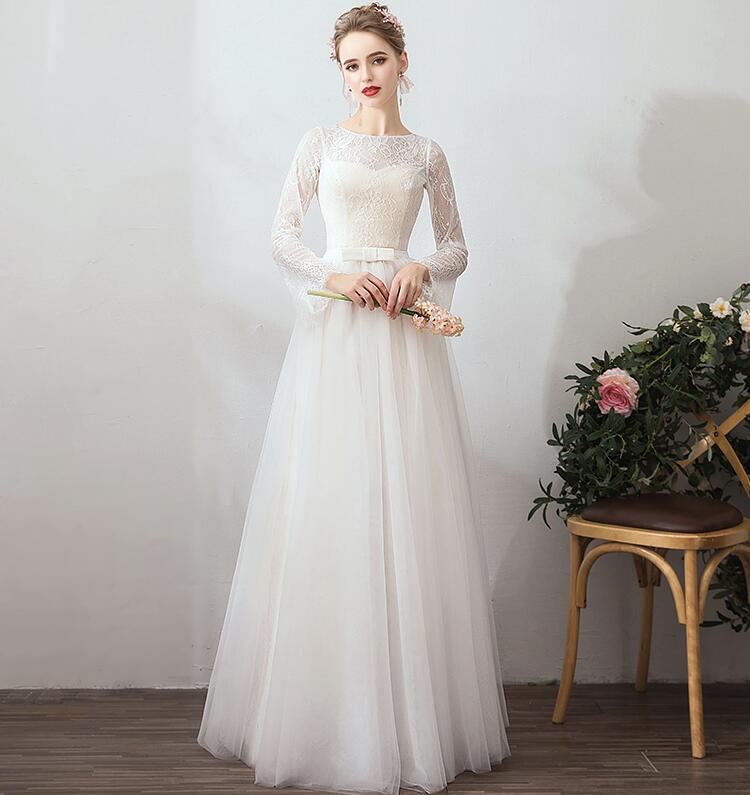 ウエディングドレス 2way レディース 上品 優雅 パーティードレス エンパイアライン ボートネック 長袖 レース マキシ丈 前撮りドレス フォマール エレガント 披露宴 結婚式 発表会 演奏会 二