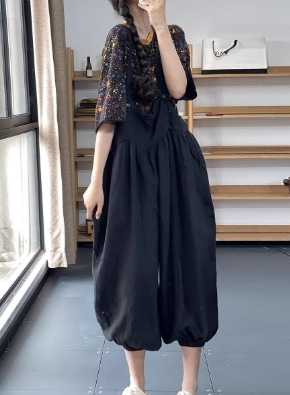 レディース パンツ ボトムス サロペット ロングパンツ 膝下 8分丈 クロップド丈 丈長 ワイド バルーン ふわふわ ハイウエスト 異国風 ボタン 中厚手 リネン シンプル カジュアル レトロ