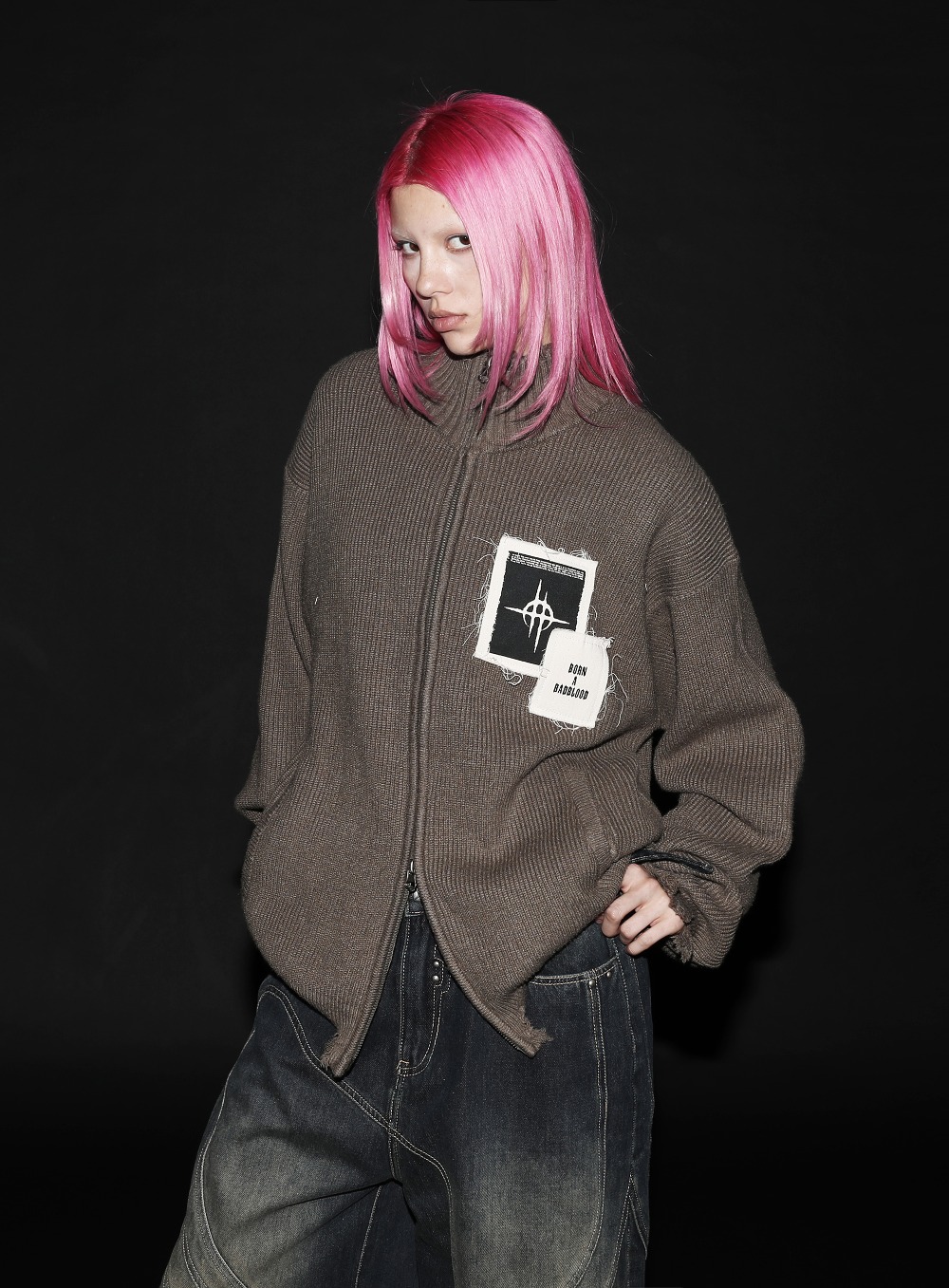 【BADBLOOD】 DESTROYED ZIP-UP CARDIGAN (UNISEX) : DARK OLIVE