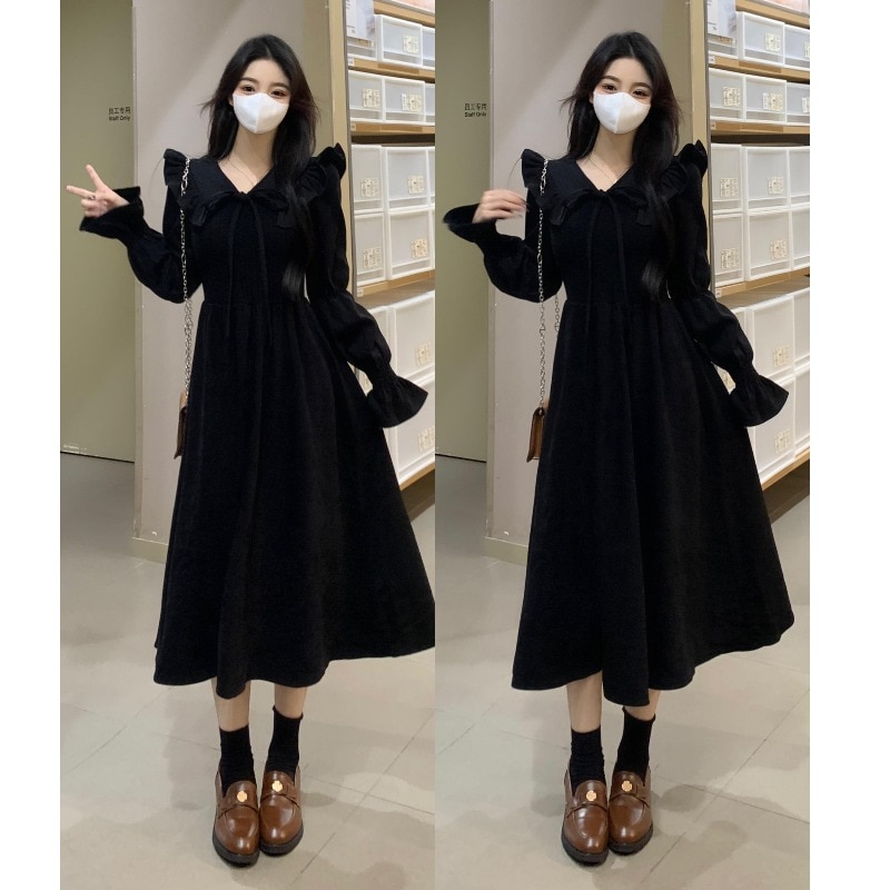 大きいサイズレディースフレンチニットスプライシングワンピース秋冬ウエストフリルボトムスカートドレープスカート