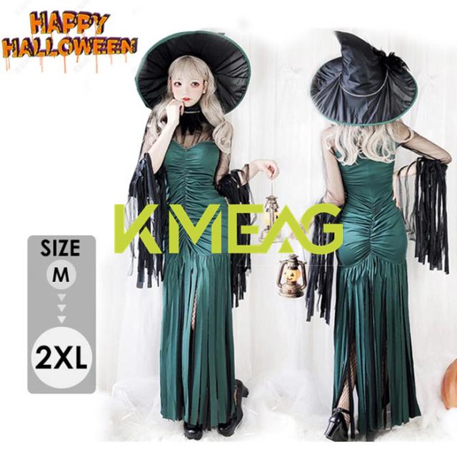 ハロウィンコスプレ ハロウィン仮装 レディース 女の子 巫女 魔女 帽子+ワンピースM L XL XXL グリーン ヴァンパイア コスプレ 衣装 レディース コスチューム 大人 仮装 ハロウィーン衣装