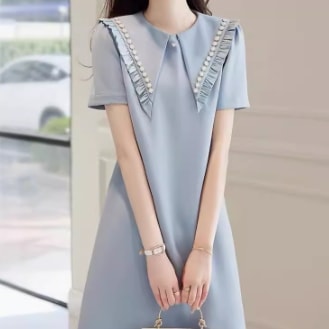 ワンピース ショート丈 半袖 袖あり ラウンドネック 襟付き 角襟 セミフレア Aライン ファスナー ハイウエスト かわいい 大人可愛い きれいめ シンプル 上品 おしゃれ 主役級 存在感 フォーマル