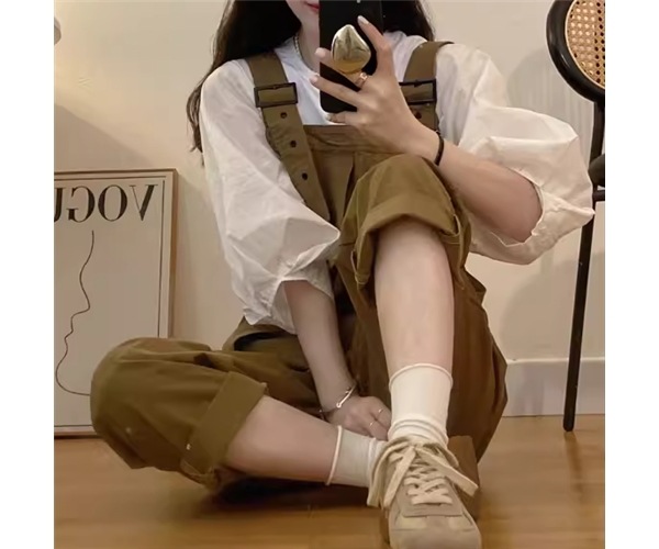 レディース パンツ オーバーオール アンクル丈 フルレングス 袖なし ノースリーブ スクエアネック ワイド ストレート ベルト ポケット ハイウエスト サスペンダー かわいい 大人可愛い シンプル
