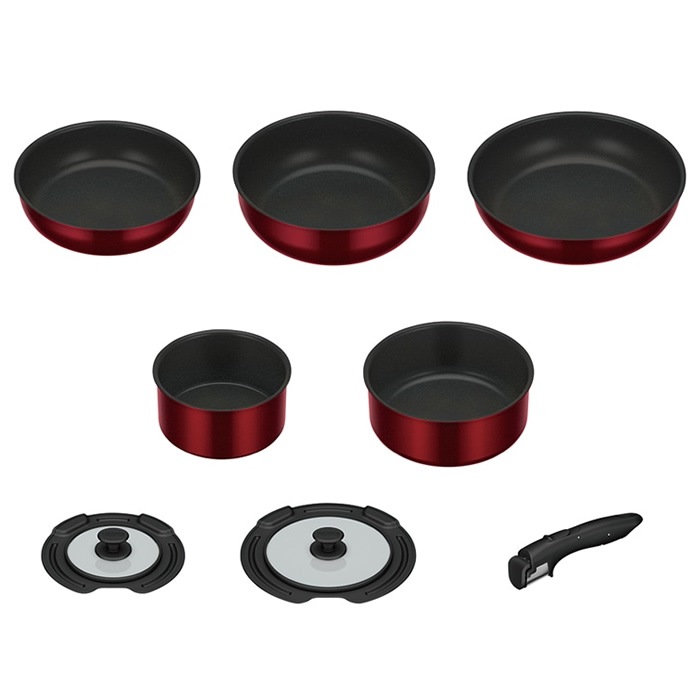 取っ手のとれるフライパン８点セットDA KSD-8A-DR ディープレッド 食洗機対応 IH/ガス火両対応