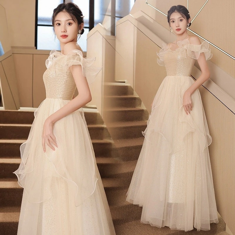 イブニングドレス シャンパン色 オフショルダー フリル 可愛い ロングドレス 結婚式ドレス 二次会ドレス ブルー キャミドレス パーティードレス オフショル ビーズ 発表会ドレス ロング Aライン X