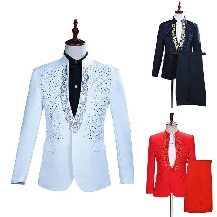 メンズスパンコールスーツ 上下セット 舞台衣装 ステージ 演出服 ジャケット スパンコール 立ち襟 刺繍 長ズボン 司会 合唱 宴会 イベント 礼服 結婚式 二次会30%までに制限