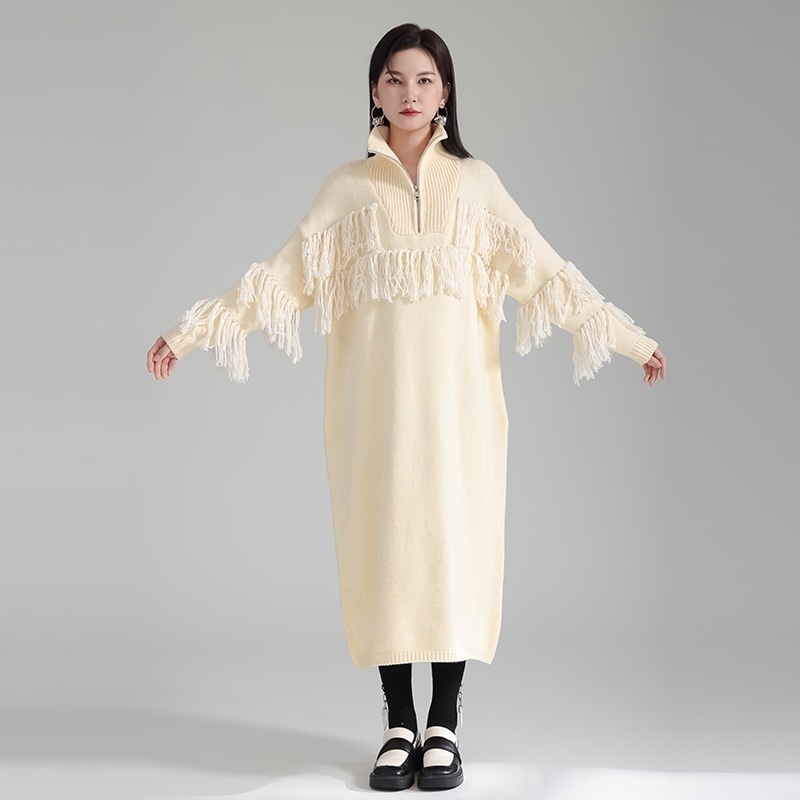 【J.Fashion】 ニットワンピース フリンジ ハイネック 厚手 ロングワンピース