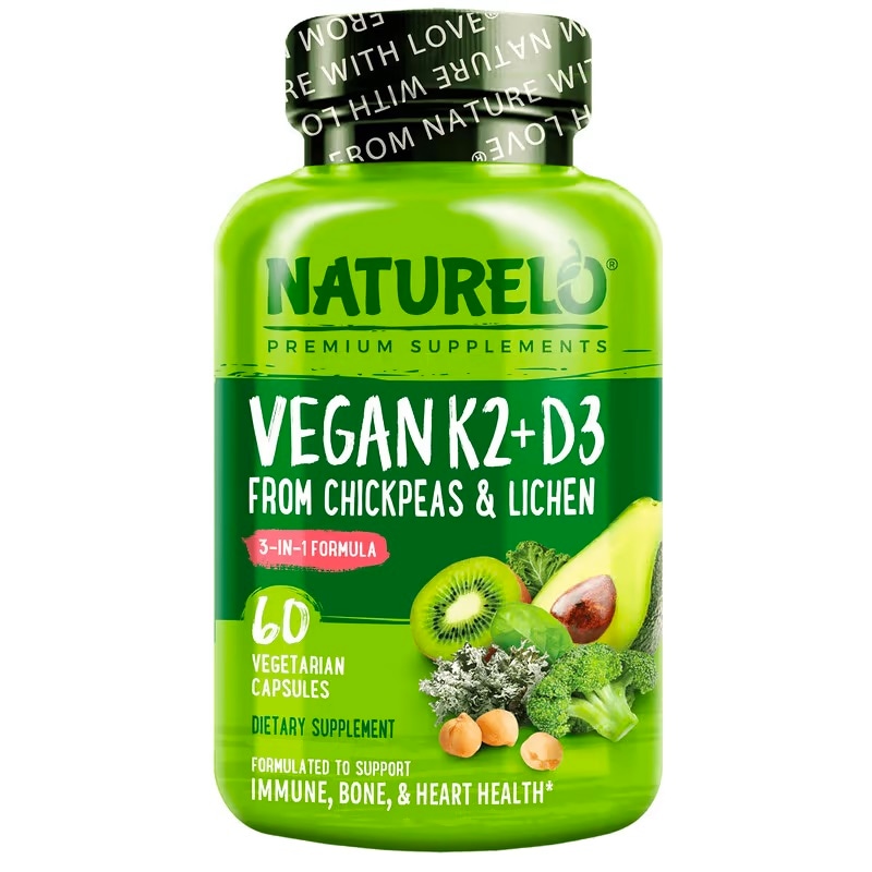 NATURELO, ヒヨコマメ&地衣類由来のビタミンK2 + D3ベジカプセル６０粒
