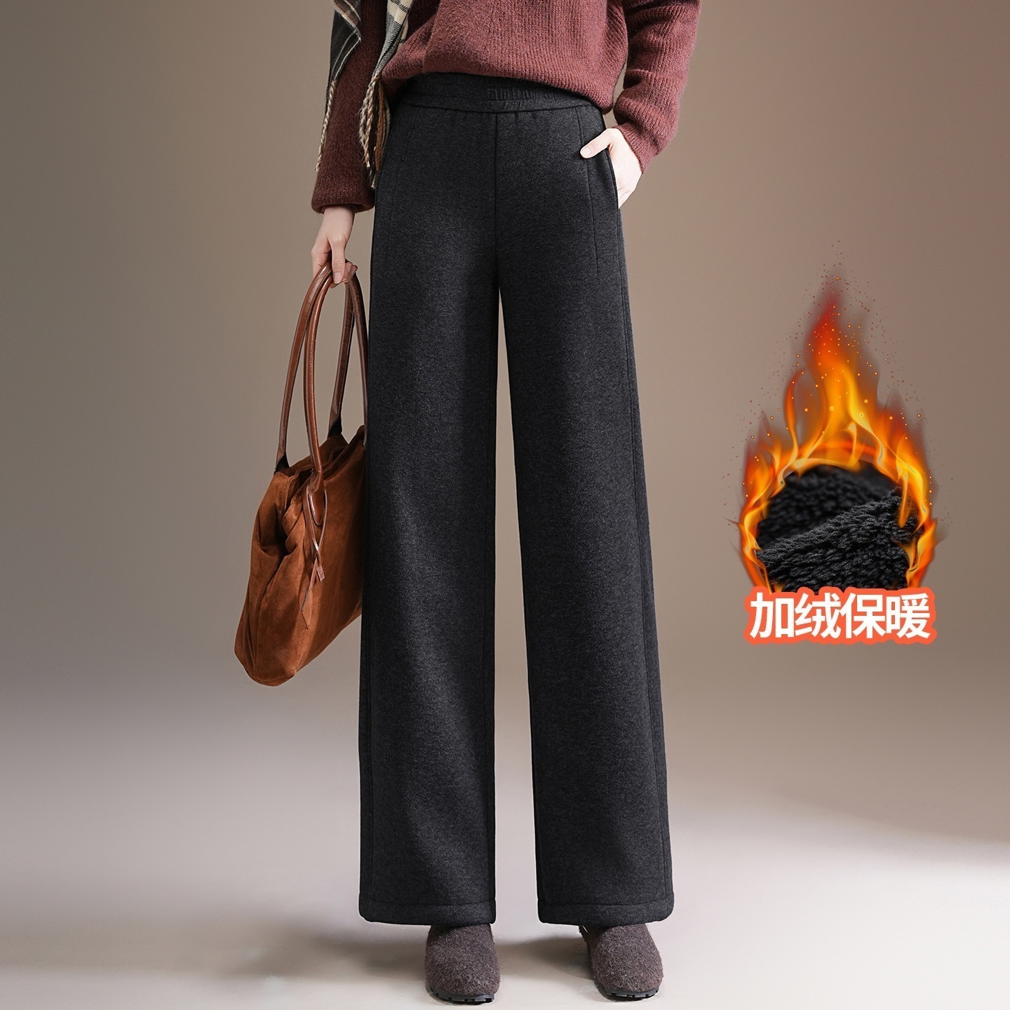 裏起毛 ツイードスリムワイドパンツ 冬 ストレート 毛裏厚手 カジュアル ガウチョパンツ 秋冬