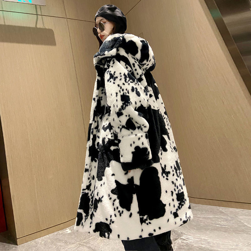 2023 秋 冬 新作 乳牛柄 ロング アウター ゆったり フード付き コート 高級感 ウォーム 冬アウター