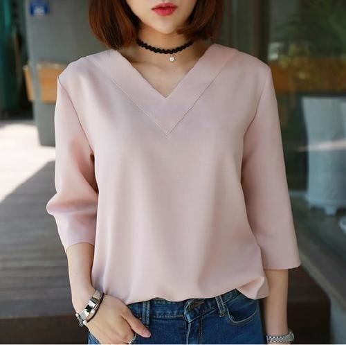 2284.Vネック7分袖シャツブラウス(ピンク) 2019 春夏 新作 大人 かわいい カジュアル OL 20代 30代 デート服 女子会 通勤 OL オフィス キレイめ 着痩せ シンプル 上