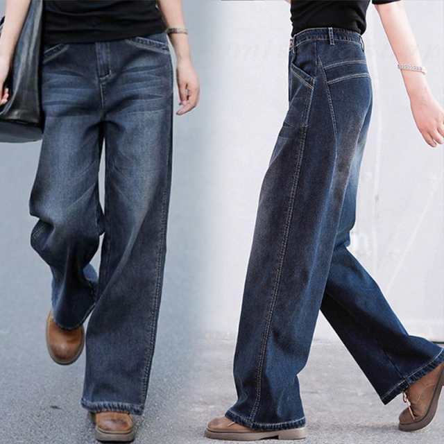人気 ワイドパンツ レディース デニム ロングパンツ 美シルエット ゆったり デニムパンツ デザイン ユーズド ゆったり 体型カバー 大きいサイズ