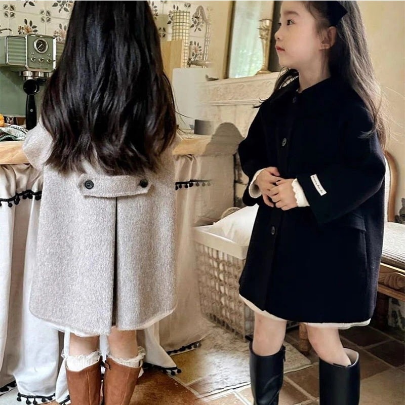 女の子韓国風ウールコート 冬季子供用ミドル丈 衿付きウールジャケット キッズ　アウター