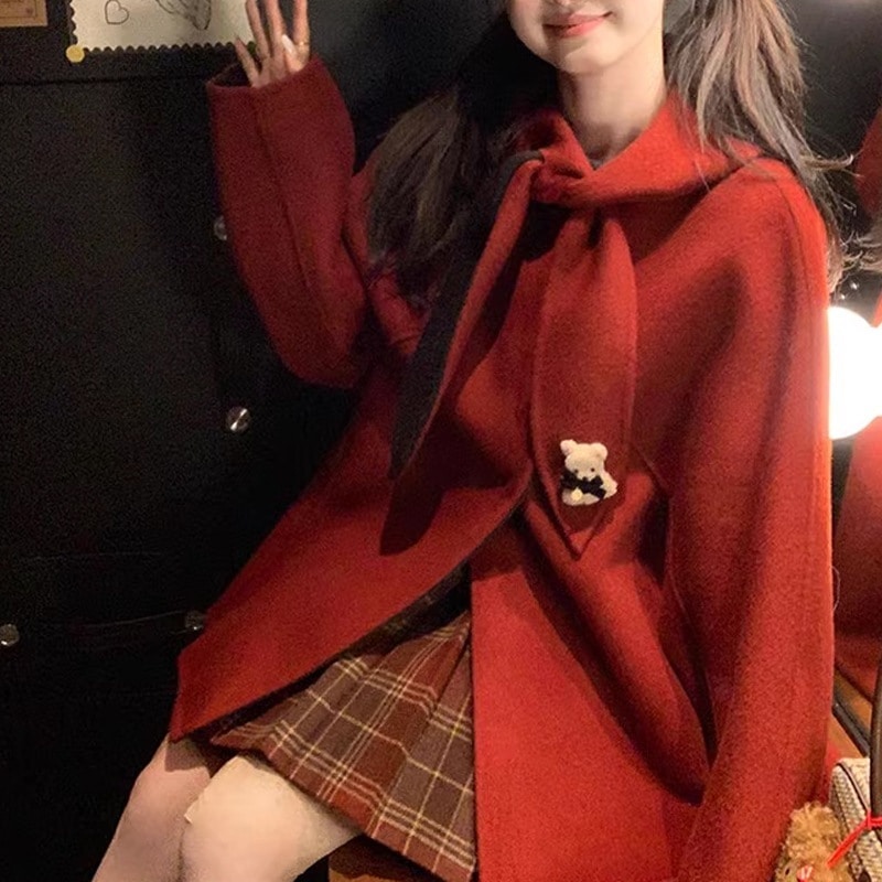 アウターファー毛皮アウターピンクのフード付きリバーシブルウールコート韓国系スイートカシミアラシャウールコートラッシュ