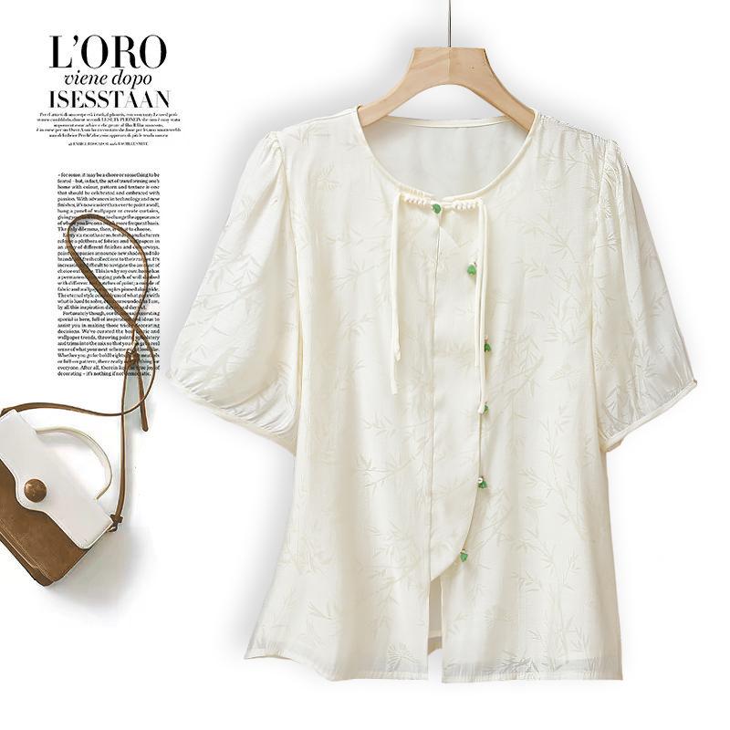 レディース ファッション おしゃれ 夏 ボタン ジャカード ラウンドネック 半袖 Tシャツ トップス