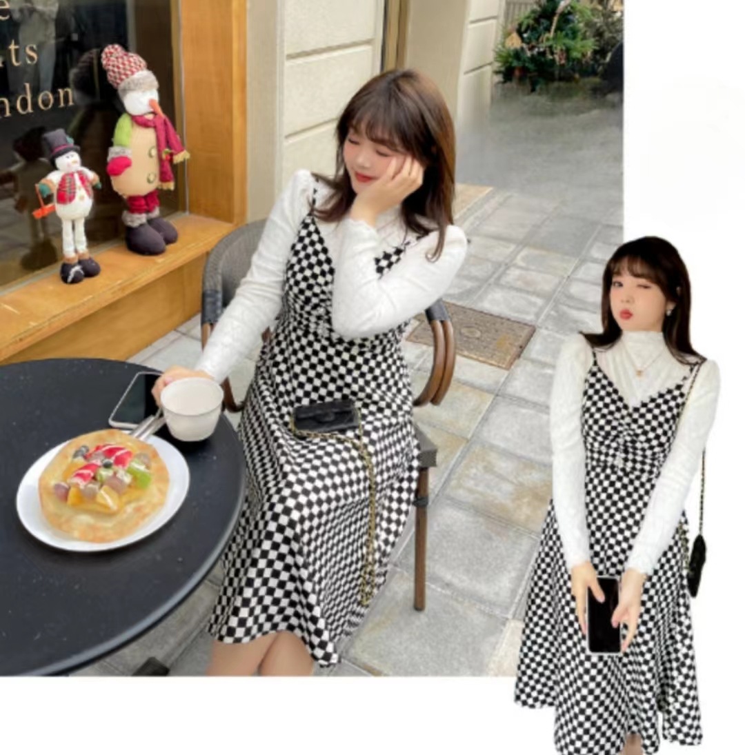 大きいサイズの婦人服の微太ったmm服のレースの上着の菱形の格子のサスペンダーのスカートの2つのセットのワンピースのスカートのk1765