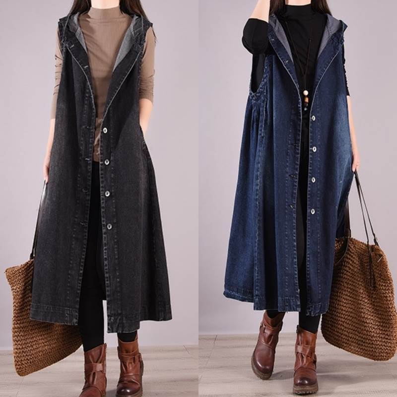 【急速出荷!】大ヒット 2色 ワンピース アウター ベスト ロングベスト レディース ロング丈 秋 冬 ブラック 黒 ブルー 青 フリーサイズ ワンサイズノースリーブ フード付き ボタン シングルブレ