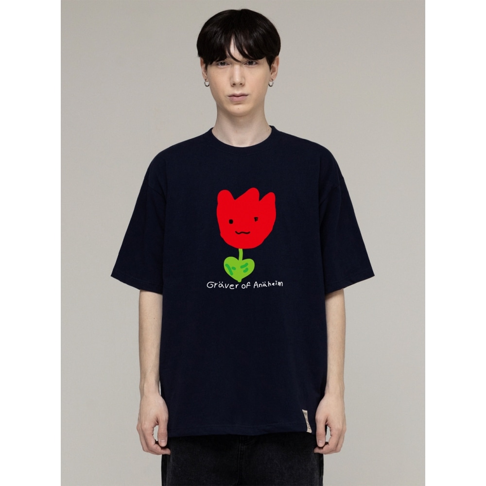 グレイバードローイングレッドフラワースマイル半袖Tシャツネイビー