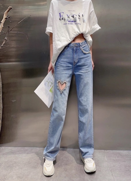 ハイウエストデニム スリムデニム ストレートデニム ダメージデニム 秋冬 カジュアル トレンド 6,424円