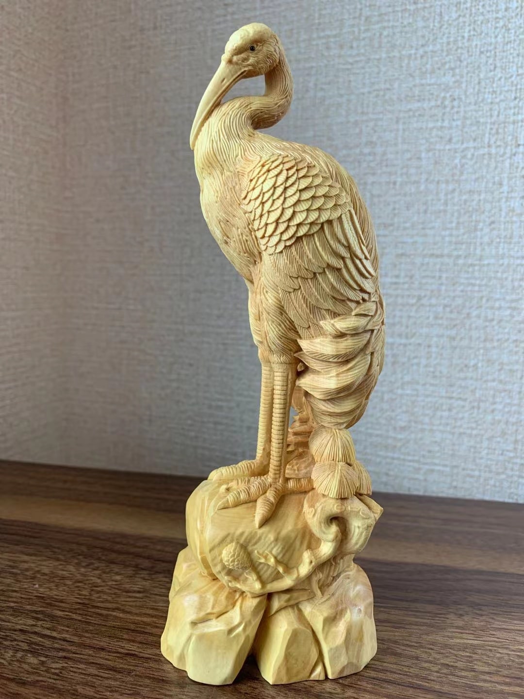 木彫 鶴 長寿 ツゲ (約)高20cm幅5.8cm奥行7.5cm 彫刻