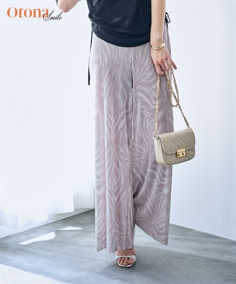 ロングパンツ プリーツ風プリントワイドストレートパンツ OtonaSMILE